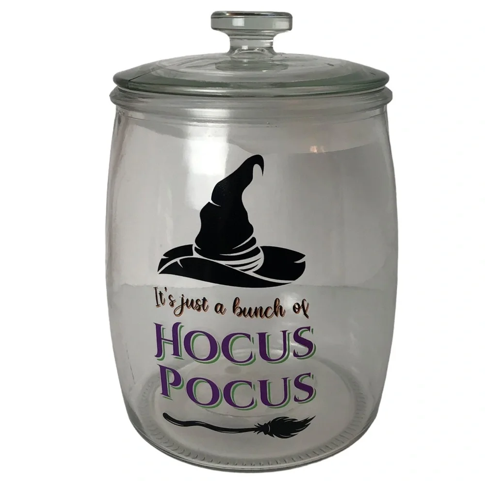 Halloween decor IT’S JUST A BUNCH OF HOCUS POCUS glass canister